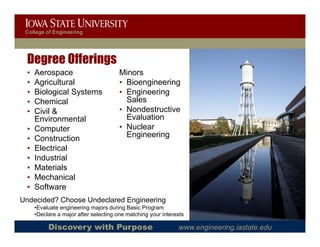 College of Engineering




 Degree Offerings
 •   Aerospace
            p                          Minors
 •   Agricultural                      • Bioengineering
 •   Biological Systems                • Engineering
 •   Chemical                            Sales
 •   Civil &                           • Nondestructive
     Environmental                       Evaluation
 •   Computer                          • Nuclear
 •   Construction                        Engineering
 •   Electrical
 •   Industrial
 •   Materials
       ate a s
 •   Mechanical
 •   Software
Undecided? Choose Undeclared Engineering
     •Evaluate engineering majors during Basic Program
     •Declare a major after selecting one matching your interests

          Discovery with Purpose                              www.engineering.iastate.edu
 