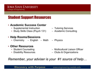 College of Engineering




Student Support Resources
• Academic Success Center
    • Supplemental Instruction                − Tutoring Services
    • Study Skills Class (Psych 131)
          y              ( y       )          − Academic Consulting
                                                                  g

• Help Rooms/Sessions
    • Chemistry
              y          − English
                             g       − Math   − Physics
                                                  y

• Other Resources
    • Student Counselingg                     − Multicultural Liaison Officer
    • Disability Resources                    − Clubs & Organizations


Remember,
Remember your adviser is your #1 source of help
                                           help…

        Discovery with Purpose                 www.engineering.iastate.edu
 