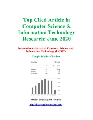 Top Cited Article in
Computer Science &
Information Technology
Research: June 2020
International Journal of Computer Science and
Information Technology (IJCSIT)
Google Scholar Citation
ISSN: 0975-3826(online); 0975-4660 (Print)
http://airccse.org/journal/ijcsit.html
 