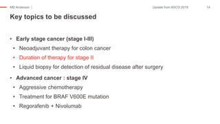 MD Anderson
• Early stage cancer (stage I-III)
• Neoadjuvant therapy for colon cancer
• Duration of therapy for stage II
• Liquid biopsy for detection of residual disease after surgery
• Advanced cancer : stage IV
• Aggressive chemotherapy
• Treatment for BRAF V600E mutation
• Regorafenib + Nivolumab
Key topics to be discussed
14Update from ASCO 2019
 