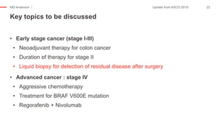 MD Anderson
• Early stage cancer (stage I-III)
• Neoadjuvant therapy for colon cancer
• Duration of therapy for stage II
• Liquid biopsy for detection of residual disease after surgery
• Advanced cancer : stage IV
• Aggressive chemotherapy
• Treatment for BRAF V600E mutation
• Regorafenib + Nivolumab
Key topics to be discussed
22Update from ASCO 2019
 