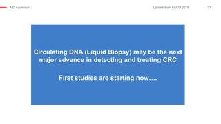 MD Anderson 27Update from ASCO 2019
Circulating DNA (Liquid Biopsy) may be the next
major advance in detecting and treating CRC
First studies are starting now….
 