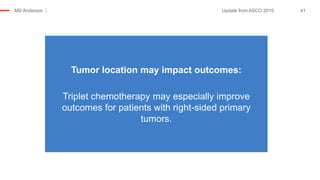 MD Anderson 41Update from ASCO 2019
Tumor location may impact outcomes:
Triplet chemotherapy may especially improve
outcomes for patients with right-sided primary
tumors.
 