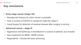 MD Anderson
• Early stage cancer (stage I-III)
• Neoadjuvant therapy for colon cancer is possible
• Only 3 months of CAPOX is needed for high-risk stage II
• Liquid biopsy for detection of residual disease after surgery is coming
• Advanced cancer : stage IV
• Aggressive chemotherapy is beneficial for a subset of patients, but complex
• New treatments for BRAF V600E tumors
• Regorafenib + Nivolumab looks promising
Key conclusions
58Update from ASCO 2019
 