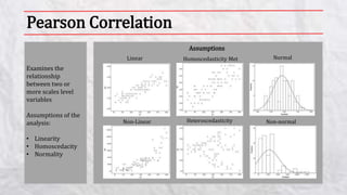 Pearson Correlation
Examines the
relationship
between two or
more scales level
variables
Assumptions of the
analysis:
• Li...