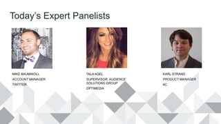 Today’s Expert Panelists
MIKE BAUMWOLL
ACCOUNT MANAGER
TWITTER
TALA AQEL
SUPERVISOR, AUDIENCE
SOLUTIONS GROUP
OPTIMEDIA
KARL STRAND
PRODUCT MANAGER
4C
 