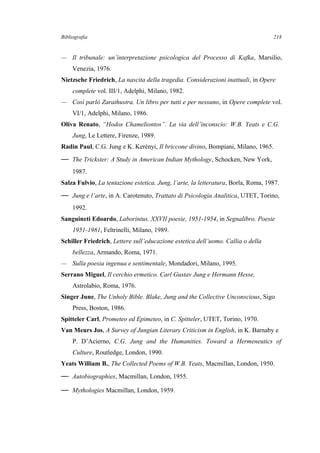 Bibliografia
— Il tribunale: un’interpretazione psicologica del Processo di Kafka, Marsilio,
Venezia, 1976.
Nietzsche Friedrich, La nascita della tragedia. Considerazioni inattuali, in Opere
complete vol. III/1, Adelphi, Milano, 1982.
— Così parlò Zarathustra. Un libro per tutti e per nessuno, in Opere complete vol.
VI/1, Adelphi, Milano, 1986.
Oliva Renato, “Hodos Chameliontos”. La via dell’inconscio: W.B. Yeats e C.G.
Jung, Le Lettere, Firenze, 1989.
Radin Paul, C.G. Jung e K. Kerényi, Il briccone divino, Bompiani, Milano, 1965.
— The Trickster: A Study in American Indian Mythology, Schocken, New York,
1987.
Salza Fulvio, La tentazione estetica. Jung, l’arte, la letteratura, Borla, Roma, 1987.
— Jung e l’arte, in A. Carotenuto, Trattato di Psicologia Analitica, UTET, Torino,
1992.
Sanguineti Edoardo, Laborintus. XXVII poesie, 1951-1954, in Segnalibro. Poesie
1951-1981, Feltrinelli, Milano, 1989.
Schiller Friedrich, Lettere sull’educazione estetica dell’uomo. Callia o della
bellezza, Armando, Roma, 1971.
— Sulla poesia ingenua e sentimentale, Mondadori, Milano, 1995.
Serrano Miguel, Il cerchio ermetico. Carl Gustav Jung e Hermann Hesse,
Astrolabio, Roma, 1976.
Singer June, The Unholy Bible. Blake, Jung and the Collective Unconscious, Sigo
Press, Boston, 1986.
Spitteler Carl, Prometeo ed Epimeteo, in C. Spitteler, UTET, Torino, 1970.
Van Meurs Jos, A Survey of Jungian Literary Criticism in English, in K. Barnaby e
P. D’Acierno, C.G. Jung and the Humanities. Toward a Hermeneutics of
Culture, Routledge, London, 1990.
Yeats William B., The Collected Poems of W.B. Yeats, Macmillan, London, 1950.
— Autobiographies, Macmillan, London, 1955.
— Mythologies Macmillan, London, 1959.
218
 