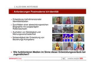 2. ALLES KANN, NICHTS MUSS

 Anforderungen Postmoderne Ich-Identität


Entwicklung mehrdimensionaler
Identitätsfacetten
Durchleben einer abwechslungsreichen
Biographie mit ausgeprägten
Rollenwechseln
Aushalten von Beliebigkeit und
Meinungsverschiedenheit
Notwendigkeit der Entwicklung von
Beziehungs-Kompetenz




Wie funktionieren Medien im Sinne dieser Entwicklungsverläufe bei
Jugendlichen?
                                            12   creative analytic 3000
 