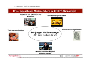 3. JUGENDLICHES MEDIENERLEBEN

      Driver jugendlichen Medienerlebens im ON/OFF-Management
              Herstellen von Öffentlichkeits-
                                                  Redakteur/Regisseur sein
                        Portfolien




Verbrüderungstendenz                                                  Individualisierungstendenz

                              Die jungen Medienmanager
                                 „ON Sein“ rund um die Uhr




                                    Medienkompetenz-Kapitän
                                        sein und bleiben
                                                                 24      creative analytic 3000
 
