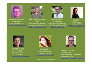 Benjamin Wingerter             Marc Stürzenberger                  Markus Walter                 Irina Hey
         SEO Manager                      Leitung                      SEO Manager                 SEO Manager
    e-SIXT GmbH & Co. KG         Suchmaschinenmarketing        SevenOne Intermedia GmbH            Immowelt AG
http://www.seouxindianer.de/   Verlagsgruppe Weltbild GmbH      [ProSiebenSat.1 Media AG]   http://www.seotaeglich.de/
                                http://www.semseoblog.de/          http://www.tekka.de/




       Jens Fauldrath                            Dina Lewicki
       Teamleiter SEO                        Online Marketing, SEO               Thomas Schaller
       Deutsche Telekom                        Deutsche Post AG                  Senior Manager
       AG P & I DCM 4                      www.twitter.com/shan_dark             Technical Business Development
       http://www.inhouse-seo.de/                                                Vision Media GmbH
                                                                                 http://www.thomasschaller.de/blog/
                                            Inhouse SEO Panel - SEO Campixx
 