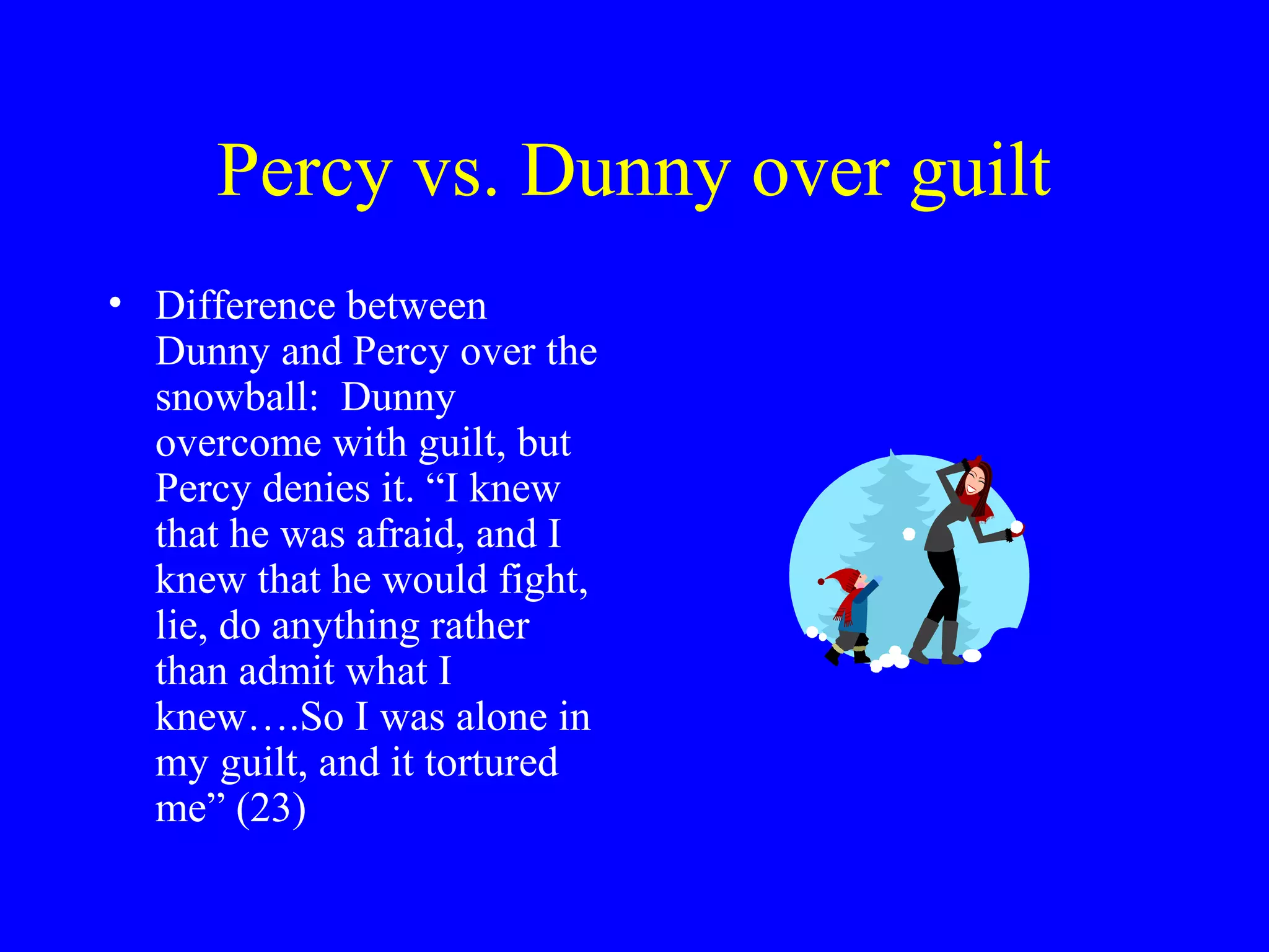 Percy vs. Dunny over guilt
• Difference between
  Dunny and Percy over the
  snowball: Dunny
  overcome with guilt, but
  Percy denies it. “I knew
  that he was afraid, and I
  knew that he would fight,
  lie, do anything rather
  than admit what I
  knew….So I was alone in
  my guilt, and it tortured
  me” (23)
 