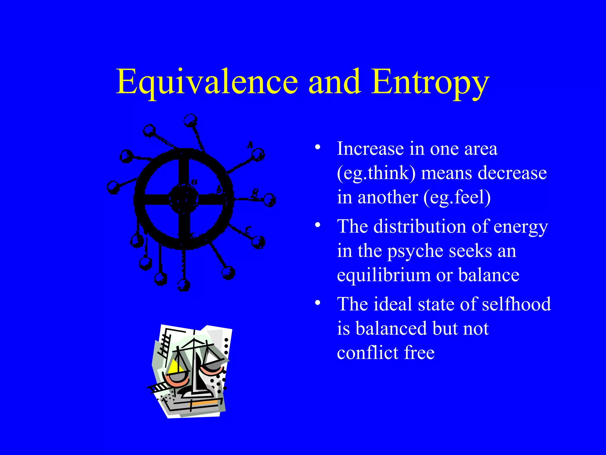 Equivalence and Entropy
            • Increase in one area
              (eg.think) means decrease
              in another (eg.feel)
            • The distribution of energy
              in the psyche seeks an
              equilibrium or balance
            • The ideal state of selfhood
              is balanced but not
              conflict free
 