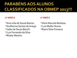 1º ANO A
*Ana Julia de Souza Ramos
*Guilherme Santos de Araujo
*Jader de Souza Bacchi
*Luis Fernando da Silva
*Ritiely Martins
1º ANO C
*Aline Marcela Barbosa
*Luiz Muller Nunes
*Raoni Silva Fonseca
 