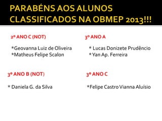2º ANO C (NOT)
*Geovanna Luiz de Oliveira
*Matheus Felipe Scalon
3º ANO A
* Lucas Donizete Prudêncio
*Yan Ap. Ferreira
3º ANO B (NOT) 3º ANO C
* Daniela G. da Silva *Felipe CastroVianna Aluísio
 