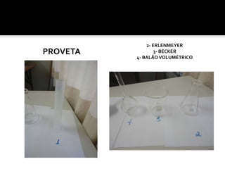 PROVETA
2- ERLENMEYER
3- BECKER
4- BALÃOVOLUMÉTRICO
 