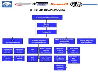 ESTRUTURA ORGANIZACIONAL Presidente  Comitê  Executivo Conselho de Administração CSC  Vice-Presidente Sênior Controladoria Diretoria Executiva TIMI CEO Armas e Forjados Vice-Presidente Sênior Máquinas, Capacetes  e Blindados Vice-Presidente  Novos  Negócios Vice-Presidente  Finanças D iretoria Executiva RI/Auditoria Diretoria Executiva Gestão de Pessoas Gerente TIMI CFO Armas e Forjados Industrial Dir. Executiva Armas e Forjados Comercial Dir. Executiva Máquinas Industrial  Gerente Capacetes e Bind. Dir. Executiva Máquinas Vendas MI  Gerente Máquinas Exportação  Gerente Capacetes e Bind. Vendas Gerente 
