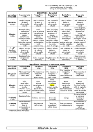 PREFEITURA MUNICIPAL DE SAPUCAIA DO SUL
                                                              Secretaria Municipal de Educação
                                                            Serviço de Nutrição Escolar – SENE

                                         CARDÁPIO I – Berçário I
REFEIÇÕES/      Segunda-feira        Terça-feira          Quarta-feira        Quinta-feira          Sexta-feira
HORÁRIOS           13/06               14/06                15/06                16/06                17/06

                Leite c/ farinha   Leite c/ mucilon      Leite c/ mucilon    Leite c/ farinha
                                                                                            Leite c/ farinha de
Desjejum           láctea p/         de arroz p/           de milho p/          láctea p/          aveia p/
  08:00h         alimentação        alimentação           alimentação         alimentação       alimentação
                    infantil            infantil              infantil           infantil           infantil
                                                                                             Arroz (ou papa),
                Arroz (ou papa),         Arroz,          Arroz (ou papa),  Arroz (ou papa),   feijão de preto
                   feijão preto    purê de lentilha,      feijão de preto     feijão preto     amassado s/
                 amassado s/         carne bovina          amassado s/       amassado s/            casca,
 Almoço              casca,          desfiada (ou              casca,            casca,      frango desfiado
  10:30h         carne bovina           caldo),          frango desfiado    carne bovina         (ou caldo),
               moída (ou caldo),    batata doce e           (ou caldo),      desfiada (ou   moranga e couve-
                    chuchu e       cenoura cozidas      cenoura e batata         caldo),       flor cozidas e
               beterraba cozidos     e picadas (ou      cozidas e picadas aipim e beterraba picadas (ou purê),
                 e picados (ou           purê)               (ou purê),   cozidas e picadas        suco de
                      purê)         suco de maçã         suco de laranja       (ou purê)         bergamota
  1º e 3°      Leite c/ mucilon    Leite c/ mucilon      Leite c/ farinha   Leite c/ farinha de
                                                                                          Leite c/ mucilon
 lanches          de arroz p/        de milho p/            láctea p/             aveia p/   de arroz p/
13:00/16:30h    alimentação         alimentação           alimentação          alimentação  alimentação
                    infantil            infantil             infantil              infantil    infantil
               Salada de frutas                                                           Maçã e mamão
 2º lanche       (ou papa de       Melão (ou papa       Maçã (ou papa de Banana (ou papa (ou papa de maçã
  14:00h            frutas)          de melão)               maçã)         de banana)        e mamão)


                              CARDÁPIO II – Berçário II, maternal e jardim
REFEIÇÕES/      Segunda-feira        Terça-feira          Quarta-feira       Quinta-feira           Sexta-feira
HORÁRIOS           13/06               14/06                15/06                 16/06               17/06
                                                                            Pão massinha c/
               Pão massinha c/     Pão massinha c/      Pão massinha c/       margarina,          Pão massinha c/
Desjejum        doce de frutas,      margarina,           margarina e            leite c/           margarina,
  08:00h         café c/ leite         leite c/           mortadela,        enriquecedor de         café c/ leite
                                    achocolatado          café c/ leite         morango
                                                                Arroz,
                      Arroz,          Arroz,               feijão preto,          Arroz,              Arroz,
                  feijão preto,      lentilha,              fricassé de       feijão preto,       feijão preto,
 Almoço         carne moída c/   carne bovina c/               frango,        carne suína      frango c/ molho,
  10:30h            chuchu,           molho,             cenoura cozida,        grelhada,     suflê de espinafre
               beterraba cozida,   batata doce,              salada de      beterraba cozida,    c/ couve-flor,
               salada de couve- salada de tomate,             repolho,      salada de alface salada de tomate,
                    chinesa           maçã                     banana                              bergamota
                                                                                              Torta de bolacha
               Salada de frutas                                                                   c/ creme de
 1º lanche                         Gelatina c/ creme       Creme de              Manga             morango e
  14:00h                                                   chocolate                               chocolate
                 Pão massinha c/                                                               Pão massinha c/
 2º lanche          margarina,      Bolo Nesquik,           Cereal de       Bolo de cenoura,      margarina e
   16:00h             leite c/       café c/ leite         chocolate c/     chocolate-quente       mortadela,
                 enriquecedor de                          bebida láctea                              leite c/
                     morango                                                                     achocolatado
* cardápio sujeito a alterações




                                          CARDÁPIO I – Berçário
 