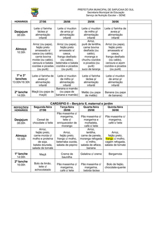 PREFEITURA MUNICIPAL DE SAPUCAIA DO SUL
                                                               Secretaria Municipal de Educação
                                                             Serviço de Nutrição Escolar – SENE

 HORÁRIOS            27/06                28/06                29/06                30/06

                 Leite c/ farinha    Leite c/ mucilon     Leite c/ mucilon    Leite c/ farinha de
 Desjejum           láctea p/          de arroz p/          de milho p/             aveia p/
   08:00h         alimentação         alimentação          alimentação           alimentação
                     infantil             infantil             infantil              infantil
                                                                Arroz,
                Arroz (ou papa),  Arroz (ou papa),        purê de lentilha,    Arroz (ou papa),
                  feijão preto       feijão preto          carne bovina           feijão preto
  Almoço         amassado s/        amassado s/            desfiada (ou          amassado s/
   10:30h      casca (ou caldo),        casca,                 caldo),               casca,
                  carne bovina    frango desfiado           moranga e          frango desfiado
               moída (ou caldo),     (ou caldo),          chuchu cozidos          (ou caldo),
               cenoura e batata beterraba e batata         e picados (ou       cenoura e aipim
               cozidas e picadas cozidos e picados              purê)         cozidos e picados
                   (ou purê)          (ou purê)           suco de laranja          (ou purê)

   1º e 3°    Leite c/ farinha deLeite c/ mucilon          Leite c/ farinha    Leite c/ mucilon
  lanches           aveia p/        de milho p/               láctea p/          de arroz p/
13:00h/16:30h    alimentação      alimentação               alimentação         alimentação
                     infantil         infantil                 infantil             infantil
                                Banana e mamão
 2º lanche     Maçã (ou papa de    (ou papa de            Melão (ou papa      Banana (ou papa
   14:00h           maçã)       banana e mamão)             de melão)           de banana)


                               CARDÁPIO II – Berçário II, maternal e jardim
 REFEIÇÕES/      Segunda-feira         Terça-feira          Quarta-feira        Quinta-feira
 HORÁRIOS           27/06                  28/06              29/06                30/06
                                     Pão massinha c/
                                       margarina,      Pão massinha c/  Pão massinha c/
 Desjejum          Cereal de              leite c/       margarina e        margarina,
   08:00h       chocolate c/ leite   enriquecedor de      mortadela,       café c/ leite
                                         morango         café c/ leite
                       Arroz,                               Arroz,
                   feijão preto,             Arroz,        lentilha,           Arroz,
  Almoço         carne moída c/          feijão preto, carne de panela,    feijão preto,
   10:30h       molho e proteína      frango c/ molho, moranga refogada frango c/ molho,
                     de soja,        beterraba cozida,     c/ milho,    vagem refogada,
                 batata dourada,     salada de pepino salada de alface, salada de tomate
                salada de tomate                           banana

 1º lanche            Maçã              Creme de         Gelatina c/ creme       Bergamota
   14:00h                               baunilha
 2º lanche
   16:00h        Bolo de limão,      Pão massinha c/      Pão massinha c/      Bolo de feijão,
                    leite c/           margarina,           margarina,        chocolate-quente
                 achocolatado          café c/ leite       bebida láctea
 