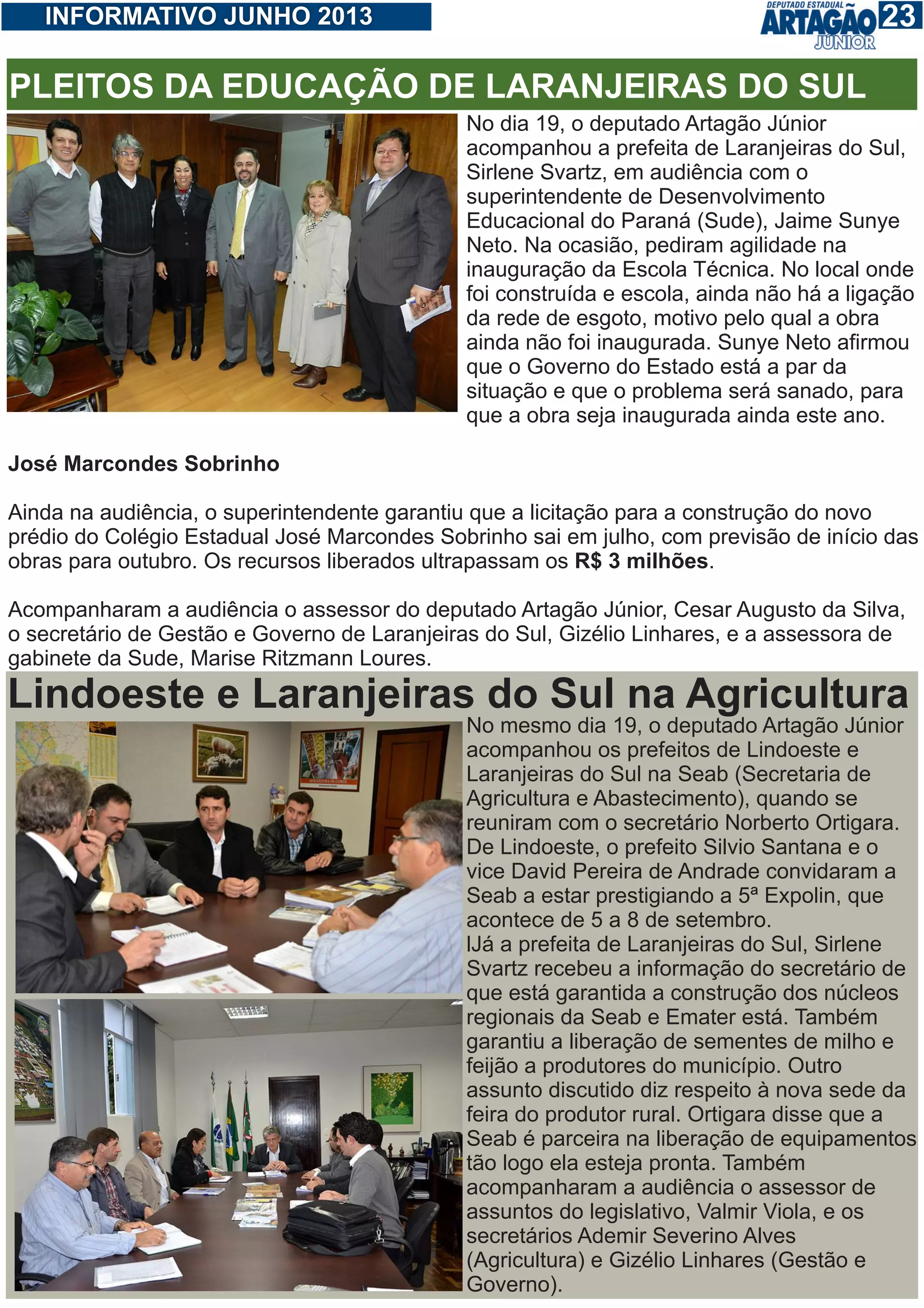 123INFORMATIVO JUNHO 2013
No dia 19, o deputado Artagão Júnior
acompanhou a prefeita de Laranjeiras do Sul,
Sirlene Svartz, em audiência com o
superintendente de Desenvolvimento
Educacional do Paraná (Sude), Jaime Sunye
Neto. Na ocasião, pediram agilidade na
inauguração da Escola Técnica. No local onde
foi construída e escola, ainda não há a ligação
da rede de esgoto, motivo pelo qual a obra
ainda não foi inaugurada. Sunye Neto afirmou
que o Governo do Estado está a par da
situação e que o problema será sanado, para
que a obra seja inaugurada ainda este ano.
José Marcondes Sobrinho
Ainda na audiência, o superintendente garantiu que a licitação para a construção do novo
prédio do Colégio Estadual José Marcondes Sobrinho sai em julho, com previsão de início das
obras para outubro. Os recursos liberados ultrapassam os R$ 3 milhões.
Acompanharam a audiência o assessor do deputado Artagão Júnior, Cesar Augusto da Silva,
o secretário de Gestão e Governo de Laranjeiras do Sul, Gizélio Linhares, e a assessora de
gabinete da Sude, Marise Ritzmann Loures.
PLEITOS DA EDUCAÇÃO DE LARANJEIRAS DO SUL
No mesmo dia 19, o deputado Artagão Júnior
acompanhou os prefeitos de Lindoeste e
Laranjeiras do Sul na Seab (Secretaria de
Agricultura e Abastecimento), quando se
reuniram com o secretário Norberto Ortigara.
De Lindoeste, o prefeito Silvio Santana e o
vice David Pereira de Andrade convidaram a
Seab a estar prestigiando a 5ª Expolin, que
acontece de 5 a 8 de setembro.
lJá a prefeita de Laranjeiras do Sul, Sirlene
Svartz recebeu a informação do secretário de
que está garantida a construção dos núcleos
regionais da Seab e Emater está. Também
garantiu a liberação de sementes de milho e
feijão a produtores do município. Outro
assunto discutido diz respeito à nova sede da
feira do produtor rural. Ortigara disse que a
Seab é parceira na liberação de equipamentos
tão logo ela esteja pronta. Também
acompanharam a audiência o assessor de
assuntos do legislativo, Valmir Viola, e os
secretários Ademir Severino Alves
(Agricultura) e Gizélio Linhares (Gestão e
Governo).
Lindoeste e Laranjeiras do Sul na Agricultura
 