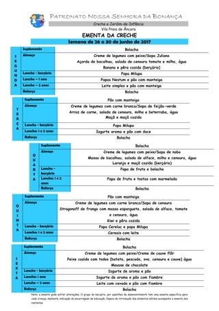 PATRONATO NOSSA SENHORA DA BONANÇA
Creche e Jardim-de-Infância
Vila Praia de Âncora
EMENTA DA CRECHE
Semana de 26 a 30 de junho de 2017
S
E
G
U
N
D
A
Suplemento Bolacha
Almoço Creme de legumes com peixe/Sopa Juliana
Açorda de bacalhau, salada de cenoura tomate e milho, água
Banana e pêra cozida (berçário)
Lanche - berçário Papa Milupa
Lanche – 1 ano Papas Nestum e pão com manteiga
Lanche – 2 anos Leite simples e pão com manteiga
Reforço Bolacha
T
E
R
Ç
A
Suplemento Pão com manteiga
Almoço Creme de legumes com carne branca/Sopa de feijão-verde
Arroz de carne, salada de cenoura, milho e beterraba, água
Maçã e maçã cozida
Lanche - berçário Papa Milupa
Lanche: 1 e 2 anos Iogurte aroma e pão com doce
Reforço Bolacha
Q
U
A
R
T
A
Suplemento Bolacha
Almoço Creme de legumes com peixe/Sopa de nabo
Massa de bacalhau, salada de alface, milho e cenoura, água
Laranja e maçã cozida (berçário)
Lanche -
berçário
Papa de fruta e bolacha
Lanche: 1 e 2
anos
Papa de fruta e tostas com marmelada
Reforço Bolacha
Q
U
I
N
T
A
Suplemento Pão com manteiga
Almoço Creme de legumes com carne branca/Sopa de cenoura
Strogonoff de frango com massa esparguete, salada de alface, tomate
e cenoura, água
Kiwi e pêra cozida
Lanche - berçário Papa Cerelac e papa Milupa
Lanche: 1 e 2 anos Cereais com leite
Reforço Bolacha
S
E
X
T
A
Suplemento Bolacha
Almoço Creme de legumes com peixe/Creme de couve flôr
Peixe cozido com todos (batata, pescada, ovo, cenoura e couve) água
Mousse de chocolate
Lanche - berçário Iogurte de aroma e pão
Lanche: 1 ano Iogurte de aroma e pão com fiambre
Lanche – 2 anos Leite com cevada e pão com fiambre
Reforço Bolacha
Nota: a ementa pode sofrer alterações. O grupo do berçário, por questões de desenvolvimento tem uma ementa específica para
cada criança, mediante indicação do encarregado de educação. Depois da introdução dos alimentos sólidos acompanha a ementa dos
restantes
 