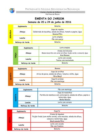 PATRONATO NOSSA SENHORA DA BONANÇA
Creche e Jardim-de-Infância
Vila Praia de Âncora
EMENTA DO JARDIM
Semana de 20 a 24 de junho de 2016
SEGUNDA
Suplemento Bolacha
Almoço
Sopa de repolho
Caldeirada de bacalhau, salada de alface, tomate e pepino, água
Banana/Pêra
Lanche
Leite simples
Pão com queijo
Reforço da tarde Bolacha
TERÇA
Suplemento Leite simples
Almoço
Creme de brócolos
Massa macarrão com carne (ervilhas, feijão verde e cenoura), água
Kiwi/Banana
Lanche
Leite com cevada
Tostas com marmelada
Reforço da tarde Bolacha
QUARTA
Suplemento Banana
Almoço
Sopa de ervilhas
Arroz de peixe, salada de alface, tomate e milho, água
Pêra/Maçã
Lanche
Iogurte aromas
Pão com manteiga
Reforço da tarde Bolacha
QUINTA
Suplemento Pão com manteiga
Almoço
Sopa de massinhas
Farinha de mandioca com carne (peru), salada de alface, pepino e
beterraba, água
Melão/Banana
Lanche Leite com cereais
Reforço da tarde Bolacha
SEXTA
Suplemento Iogurte
Almoço
Creme de legumes
Feijão-frade (com molho verde), ovos mexidos, salada de alface,
cenoura e beterraba, água
Maçã assada/Pêra
Lanche
Leite com cevada
Pão com fiambre
Reforço da tarde Bolacha
 