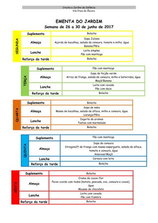 Creche e Jardim-de-Infância
Vila Praia de Âncora
EMENTA DO JARDIM
Semana de 26 a 30 de junho de 2017
SEGUNDA
Suplemento Bolacha
Almoço
Sopa Juliana
Açorda de bacalhau, salada de cenoura, tomate e milho, água
Banana/Pêra
Lanche
Leite simples
Pão com manteiga
Reforço da tarde Bolacha
TERÇA
Suplemento Pão com manteiga
Almoço
Sopa de feijão-verde
Arroz de frango, salada de cenoura, milho e beterraba, água
Maçã/Banana
Lanche
Leite com cevada
Pão com doce
Reforço da tarde Bolacha
QUARTA
Suplemento Bolacha
Almoço
Sopa de nabo
Massa de bacalhau, salada de alface, milho e cenoura, água
Laranja/Pêra
Lanche
Iogurte de aromas
Tostas com marmelada
Reforço da tarde Bolacha
QUINTA
Suplemento Pão com manteiga
Almoço
Sopa de cenoura
Strogonoff de frango com massa esparguete, salada de alface,
tomate e cenoura, água
Ameixas/Maçã
Lanche Cereais com leite
Reforço da tarde Bolacha
SEXTA
Suplemento Bolacha
Almoço
Creme de couve-flor
Peixe cozido com todos (batata, pescada, ovo, cenoura e couve),
água
Mousse de chocolate
Lanche
Leite com cevada
Pão com fiambre
Reforço da tarde Bolacha
 
