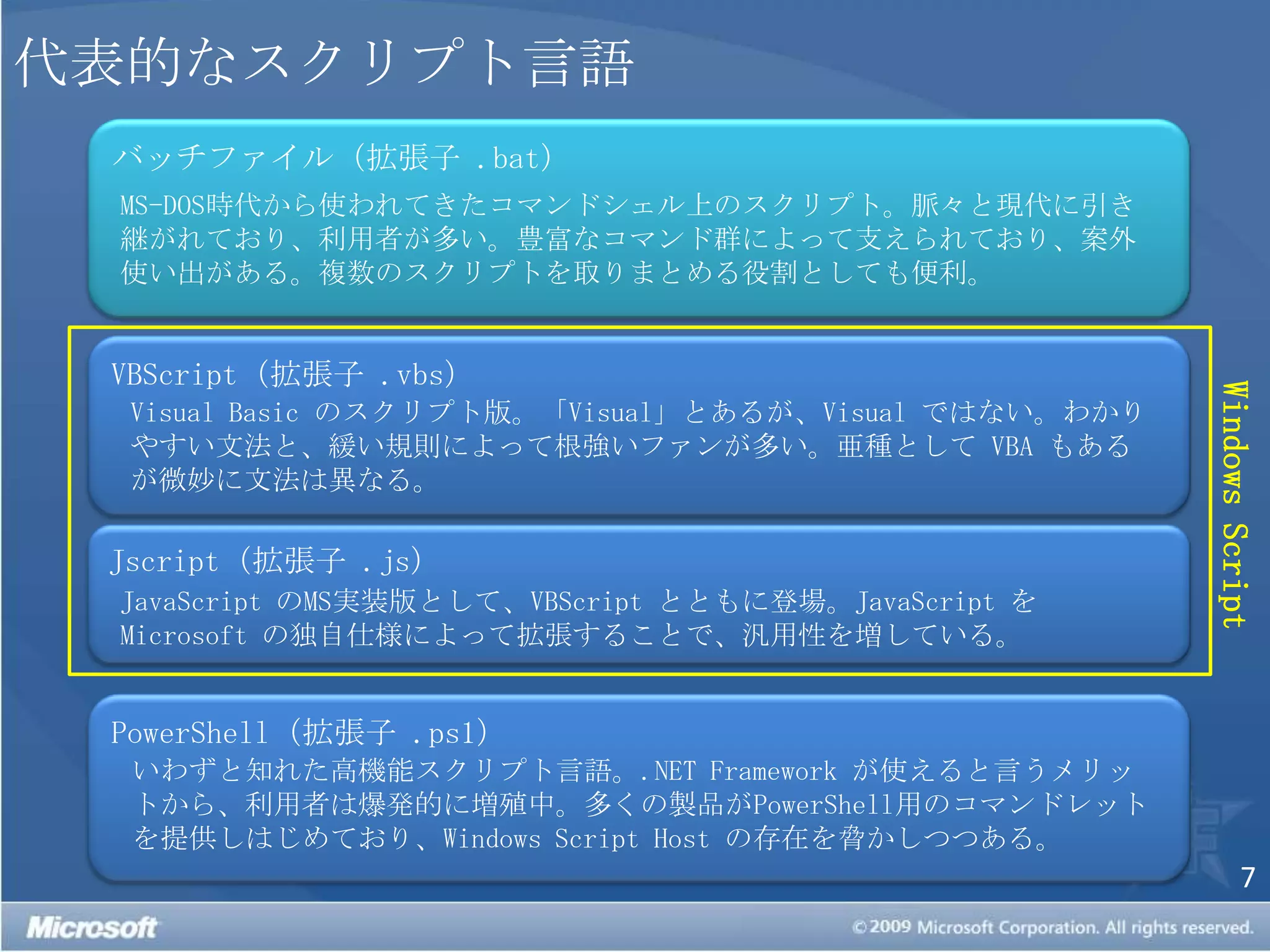 代表的なスクリプト言語バッチファイル（拡張子 .bat）MS-DOS時代から使われてきたコマンドシェル上のスクリプト。脈々と現代に引き継がれており、利用者が多い。豊富なコマンド群によって支えられており、案外使い出がある。複数のスクリプトを取りまとめる役割としても便利。Windows ScriptVBScript（拡張子 .vbs）Visual Basic のスクリプト版。「Visual」とあるが、Visual ではない。わかりやすい文法と、緩い規則によって根強いファンが多い。亜種として VBA もあるが微妙に文法は異なる。Jscript（拡張子 .js）JavaScript のMS実装版として、VBScript とともに登場。JavaScript をMicrosoft の独自仕様によって拡張することで、汎用性を増している。PowerShell（拡張子 .ps1）いわずと知れた高機能スクリプト言語。.NET Framework が使えると言うメリットから、利用者は爆発的に増殖中。多くの製品がPowerShell用のコマンドレットを提供しはじめており、Windows ScriptHost の存在を脅かしつつある。