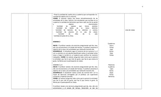 - Pintar la cantidad de cuadros de su cuaderno que corresponde a la
cantidad de objetos de un conjunto.
CIERRE: El docente realiza una breve retroalimentación de las
actividades de la clase. Solicita a los estudiantes que escriban en su
cuaderno la cantidad de elementos que tiene cada una de las partes
y objetos mencionados:
- Cantidad de zapatos que tienes puestos.
- Cantidad de dedos de tu mano derecha.
- Cantidad de botones de tu delantal o cotona.
- Cantidad de pizarras en la sala de clases.
- Cantidad de sillas de la sala.
- Cantidad de patas de tu mesa.
SEMANA 2
INICIO: El profesor saluda a los alumnos preguntando qué día, mes,
año nos encontramos y el estado del tiempo. El profesor presenta el
objetivo de la clase y las actividades que realizarán durante ella.
DESARROLLO: El estudiante sigue el contorno de los números 1 y 2
con un plumón en una planilla plastificada realiza la actividad varias
veces y luego la escribe en su cuaderno para verificar los números
trabajados. CIERRE: Se realizan preguntas tales como que le pareció
la actividad, que fue lo que más les gusto, que fue lo que menos le
gusto. Se felicita por la participación en clases.
SEMANA 3 y 4
INICIO: El profesor saluda a los alumnos preguntando qué día, mes,
año nos encontramos y el estado del tiempo. El profesor presenta el
objetivo de la clase y las actividades que realizarán durante ella.
DESARROLLO: El estudiante realiza conteo de numeral del 1 al 3 a
través de ejercicios entregados por el profesor con supervisión
constante y material concreto.
CIERRE: Se realizan preguntas tales como que le pareció la actividad,
que fue lo que más les gusto, que fue lo que menos le gusto. Se
felicita por la participación en clases.
El profesor saluda a los alumnos preguntando qué día, mes, año nos
encontramos y el estado del tiempo. Desarrollo: se dan las
Cuadernos
Guía s
Fichas
Lápiz
Goma
Data
Fichas
Plasticina
Cuaderno
Lápiz
Goma
Hojas
Fichas
Números
Lista de cotejo
9
 