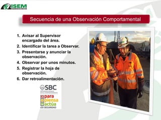 Secuencia de una Observación Comportamental
1. Avisar al Supervisor
encargado del área.
2. Identificar la tarea a Observar.
3. Presentarse y anunciar la
observación.
4. Observar por unos minutos.
5. Registrar la hoja de
observación.
6. Dar retroalimentación.
 