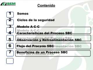 Contenido
1 Somos
2 Ciclos de la seguridad
3 Modelo A-C-C
4 Características del Proceso SBC
5 Observación y Retroalimentación SBC
6 Flujo del Proceso SBC
7 Beneficios de un Proceso SBC
 