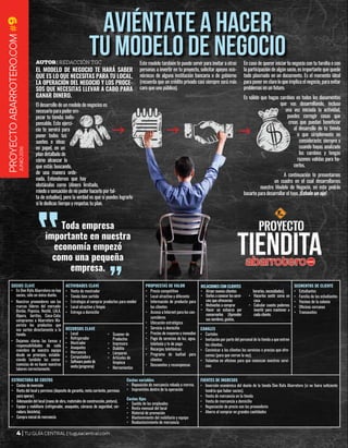 4 | TU GUÍA CENTRAL | tuguiacentral.com
Aviéntate a hacer
tu Modelo de Negocio
EL MODELO DE NEGOCIO TE HARÁ SABER
QUE ES LO QUE NECESITAS PARA TU LOCAL,
LA OPERACIÓN DEL NEGOCIO Y LOS PROCE-
SOS QUE NECESITAS LLEVAR A CABO PARA
GANAR DINERO.
Eldesarrollodeunmodelodenegocioses
necesarioparapoderem-
pezar tu tienda; indis-
pensable. Este ejerci-
cio te servirá para
poner todos tus
sueños e ideas
en papel, en un
plan detallado de
cómo alcanzar lo
que estás buscando,
de una manera orde-
nada. Entendemos que hay
obstáculos como (dinero limitado,
miedoosensacióndenopoderhacerloporfal-
ta de estudios), pero la verdad es que sí puedes lograrlo
si le dedicas tiempo y respetas tu plan.
Este modelo también te puede servir para invitar a otras
personas a invertir en tu proyecto, solicitar apoyos eco-
nómicos de alguna institución bancaria o de gobierno
(recuerda que un crédito privado casi siempre será más
caro que uno público).
En caso de querer iniciar tu negocio con tu familia o con
la participación de algún socio, es importante que quede
todo plasmado en un documento. Es el momento ideal
paraponerenclaroloqueimplicaelnegocio,paraevitar
problemas en un futuro.
Es válido que hagas cambios en todos los documentos
que vas desarrollando, incluso
una vez iniciada la actividad,
puedes corregir cosas que
creas que puedan beneficiar
al desarrollo de tu tienda
o que simplemente no
consideraste; siempre y
cuando hayas analizado
los cambios y tengas
razones validas para ha-
cerlos.
A continuación te presentamos
un cuadro en el cual desarrollamos
nuestro Modelo de Negocio, en este podrás
basarte para desarrollar el tuyo. ¡Echale un ojo!
Autor| Redacción TGC
PROYECTOABARROTERO.COM#9
JUNIO2016
Toda empresa
importante en nuestra
economía empezó
como una pequeña
empresa.
SOCIOS CLAVE
•	 En Don Rafa Abarrotero no hay
socios, sólo un único dueño.
•	 Nuestros proveedores son las
marcas líderes del mercado:
Bimbo, Pepsico, Nestlé, LALA,
Alpura, Jarritos, Coca-Cola;
compramos a Abarrotero Ma-
yorista los productos que
nos surten directamente a la
tienda.
•	 Dejamos claras las tareas y
responsabilidades de cada
miembro de nuestro equipo
desde un principio, estable-
ciendo también las conse-
cuencias de no hacer nuestras
labores correctamente.
ACTIVIDADES CLAVE
•	 Venta de mostrador
•	 Tienda bien surtida
•	 Estrategia al comprar productos para vender
•	 Local atractivo y limpio
•	 Entrega a domicilio
PROPUESTAS DE VALOR
•	 Precio competitivo
•	 Local atractivo y diferente
•	 Información de producto para
los clientes
•	 Acceso a Internet para los con-
sumidores
•	 Ubicación estratégica
•	 Servicio a domicilio
•	 Precios de mayoreo y menudeo
•	 Pago de servicios de luz, agua,
telefonía y tv de paga
•	 Recargas telefónicas
•	 Programa de lealtad para
clientes
•	 Descuentos y recompensas
SEGMENTOS DE CLIENTE
•	 Estudiantes
•	 Familia de los estudiantes
•	 Vecinos de la colonia
•	 Oficinas cercanas
•	 Transeuntes
CANALES
•	 Carteles
•	 Invitación por parte del personal de la tienda a que entren
los clientes.
•	 Cominicar a los clientes los servicios o precios que ofre-
cemos (para que corran la voz).
•	 Volanteo en oficinas para que conozcan nuestros servi-
cios
FUENTES DE INGRESOS
•	 Inversión económica del dueño de la tienda Don Rafa Abarrotero (si no fuera suficiente
tendría que haber socios).
•	 Venta de mercancía en la tienda
•	 Venta de mercancía a domicilio
•	 Negociación de precio con los proveedores
•	 Ahorro al comprar en grandes cantidades
4 | TU GUÍA CENTRAL | tuguiacentral.com
RECURSOS CLAVE
•	 Local
•	 Refrigerador
•	 Mostrador
•	 Anaqueles
•	 Mercancía
•	 Computadora
•	 Software punto de
venta (programa)
•	 Scanner de
Productos
•	 Impresora
•	 Diablito
•	 Lámparas
•	 Artículos de
limpieza
•	 Herramientas
RELACIONES CON CLIENTES
•	 Atraer nuevos clientes
•	 Darlesaconocerlosservi-
cios que ofrecemos
•	 Motivarlos a comprar
•	 Hacer un esfuerzo por
conservarlos (Aprender
sus nombres, gustos,
horarios, necesidades).
•	 Hacerlos sentir como en
casa
•	 Calcular cuanto podemos
invertir para mantener a
cada cliente.
ESTRUCTURA DE COSTOS
•	 Costos de inversión
•	 Renta del local y permisos (deposito de garantía, renta corriente, permisos
para operar).
•	 Adecuación del local (mano de obra, materiales de construcción, pintura).
•	 Equipo y mobiliario (refrigerador, anaqueles, cámaras de seguridad, cer-
radura, bicicleta).
•	 Compra inicial de mercancía
Costos variables
•	 Reposición de mercancía robada o merma.
•	 Imprevistos dentro de la operación
Costos fijos
•	 Sueldo de los empleados
•	 Renta mensual del local
•	 Material de promoción
•	 Mantenimiento del mobiliario y equipo
•	 Reabastecimiento de mercancía
 