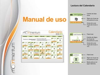 Lectura del Calendario


                              Cambio de fase
                              lunar.



Manual de uso                 Signo en el que se
                              encuentra la Luna.

                              Horas de Luna
                              Fuera de Curso o
                              V/C.




                              Fase lunar.

                              Cambio de Signo
                              en el que se
                              encuentra la Luna.
                              Horas de Luna
                              Fuera de Curso o
                              V/C.




                              Fase lunar.

                              Signo en el que se
                              encuentra la Luna.
                              Marte entra en el
                              signo Géminis.
 
