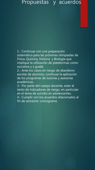 Propuestas y acuerdos
1.- Continuar con una preparación
sistemática para las próximas olimpiadas de
Física, Química, Historia y Biología que
implique la utilización de plataformas como
socrative y z grade.
2.- Ante los casos en riesgo de abandono
escolar de alumnos, continuar la aplicación
de los programas de tutorías y asesorías
académicas.
3.- Por parte del cuerpo docente, estar al
tanto de indicadores de riesgo, en particular
en el tema de suicidio en adolescentes.
4.- Cumplir con los acuerdos relacionados al
fin de semestre: cronograma
 