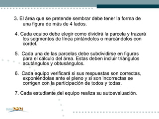 3.  El área que se pretende sembrar debe tener la forma de una figura de más de 4 lados. 4. Cada equipo debe elegir como dividirá la parcela y trazará los segmentos de línea pintándolos o marcándolos con cordel. 5.  Cada una de las parcelas debe subdividirse en figuras para el cálculo del área. Estas deben incluir triángulos acutángulos y obtusángulos. 6.  Cada equipo verificará si sus respuestas son correctas, exponiéndolas ante el pleno y si son incorrectas se corrigen con la participación de todos y todas. 7. Cada estudiante del equipo realiza su autoevaluación. 