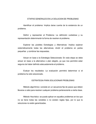 ETAPAS GENERALES EN LA SOLUCION DE PROBLEMAS

Identificar el problema: Implica darse cuenta de la existencia de un
problema.

Definir y representar el Problema: La definición cuidadosa y su
representación determinarán la forma de resolver el problema.

Explorar las posibles Estrategias y Alternativas: Implica explorar
sistemáticamente todas las alternativas; dividir el problema en partes
pequeñas y combinar las respuestas.

Actuar en base a la Estrategia Seleccionada: En esta etapa se debe
actuar en base a la alternativa o plan elegido, ya que nos permitirá estar
seguros de haber definido adecuadamente el problema.

Evaluar los resultados: La evaluación permitirá determinar si el
problema ha sido solucionado.

ESTRATEGIA PARA SOLUCIONAR PROBLEMAS

Método algorítmico: consiste en un secuencia fija de pasos que deben
llevarse a cabo para resolver cualquier problema perteneciente a cierta clase.

Método Heurístico: se puede aplicar en aquellos problemas en los que
no se tiene todas las variables o no existen reglas fijas, por lo que la
soluciones no están garantizadas.

 