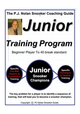 JuniorJunior
The key problem for a player is to identify a sequence ofThe key problem for a player is to identify a sequence of
training, that will lead you to become a snooker championtraining, that will lead you to become a snooker champion..
JuniorJunior
SnookerSnooker
ChampionsChampions
Specific
Cue Ball
Control, &
Concentration,
Training
Specific
Technique,
& Tactical,
Training
Beginner Player To 40 break standard
The P.J. Nolan Snooker Coaching GuideThe P.J. Nolan Snooker Coaching GuideTMTM
Copyright c PJ Nolan Snooker GuideCopyright c PJ Nolan Snooker Guide
TMTM
TrainingTraining ProgramProgram
 