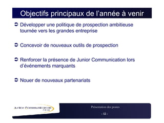 Objectifs principaux de l’année à venir Développer une politique de prospection ambitieuse tournée vers les grandes entreprise Concevoir de nouveaux outils de prospection Renforcer la présence de Junior Communication lors d’événements marquants  Nouer de nouveaux partenariats 