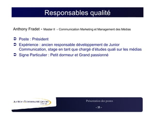 Responsables qualité Anthony Fradet  -  Master II  -   Communication Marketing et Management des Médias Poste : Président Expérience : ancien responsable développement de Junior Communication, stage en tant que chargé d’études quali sur les médias Signe Particulier : Petit dormeur et Grand passionné 