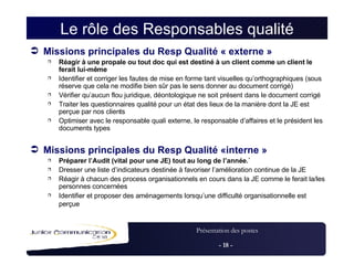 Le rôle des Responsables qualité Missions principales du Resp Qualité « externe » Réagir à une propale ou tout doc qui est destiné à un client comme un client le ferait lui-même Identifier et corriger les fautes de mise en forme tant visuelles qu’orthographiques (sous réserve que cela ne modifie bien sûr pas le sens donner au document corrigé) Vérifier qu’aucun flou juridique, déontologique ne soit présent dans le document corrigé Traiter les questionnaires qualité pour un état des lieux de la manière dont la JE est perçue par nos clients Optimiser avec le responsable quali externe, le responsable d’affaires et le président les documents types Missions principales du Resp Qualité «interne » Préparer l’Audit (vital pour une JE) tout au long de l’année.` Dresser une liste d’indicateurs destinée à favoriser l’amélioration continue de la JE Réagir à chacun des process organisationnels en cours dans la JE comme le ferait la/les personnes concernées Identifier et proposer des aménagements lorsqu’une difficulté organisationnelle est perçue   