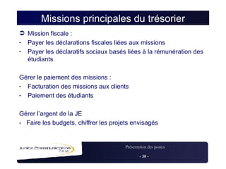 Missions principales du trésorier Mission fiscale :  Payer les déclarations fiscales liées aux missions Payer les déclaratifs sociaux basés liées à la rémunération des étudiants Gérer le paiement des missions :  Facturation des missions aux clients Paiement des étudiants Gérer l’argent de la JE -  Faire les budgets, chiffrer les projets envisagés 