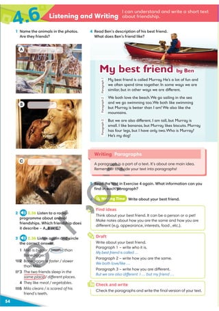 4.6 Listening and Writing
54
1 Name the animals in the photos.
Are they friends?
4 Read Ben’s description of his best friend.
What does Ben's friend like?
Writing Paragraphs
A paragraph is a part of a text. It’s about one main idea.
Remember to divide your text into paragraphs!
Draft
Write about your best friend.
Paragraph 1 – write who it is.
My best friend is called …
Paragraph 2 – write how you are the same.
We both love/like …
Paragraph 3 – write how you are different.
But we are also different. I … but my friend …
Check and write
Check the paragraphs and write the ﬁnal version of your text.
7
h
o
Find ideas
Think about your best friend. It can be a person or a pet!
Make notes about how you are the same and how you are
different (e.g. appearance, interests, food , etc.).
A
C
B
2 2.36 Listen to a radio
programme about animal
friendships. Which friendship does
it describe – A, B or C?
3 2.36 Listen again and circle
the correct answer.
1 Milo is bigger / smaller than
Bonedigger.
2 Bonedigger is faster / slower
than Milo.
3 The two friends sleep in the
same place / different places.
4 They like meat / vegetables.
5 Milo cleans / is scared of his
friend’s teeth.
6 iWriting Time Write about your best friend.
I can understand and write a short text
about friendship.
5 Read the text in Exercise 4 again. What information can you
ﬁnd in each paragraph?
My best friend is called Murray. He’s a lot of fun and
we often spend time together. In some ways we are
similar, but in other ways we are different.
We both love the beach.We go sailing in the sea
and we go swimming too.We both like swimming
but Murray is better than I am! We also like the
mountains.
But we are also different. I am tall, but Murray is
small. I like bananas, but Murray likes biscuits. Murray
has four legs, but I have only two.Who is Murray?
He’s my dog!
My best friend by Ben
Paragraph
1
Paragraph
3
Paragraph
2
H
U
R
raph is
mber to divid
V
R
7
dio
nima
friendship does
A, B or C?
ten again and c
rrect answer.
Milo bigger / smalle
Bonedigger.
2 onedigger is f
n Milo.
3
5
6
V
R
V
R
V
R
i
iWritin
5 Read the text
in each pa
H
H
D
H
3
 
