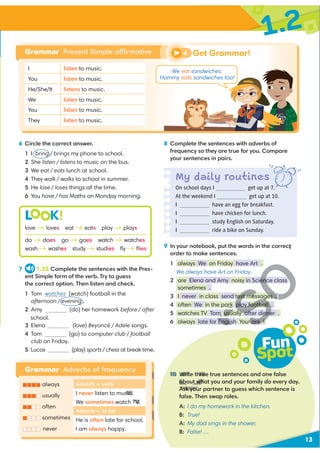 My daily routines
On school days I get up at 7.
At the weekend I get up at 10.
I have an egg for breakfast.
I have chicken for lunch.
I study English on Saturday.
I ride a bike on Sunday.
13
1.2
6 Circle the correct answer.
1 I bring / brings my phone to school.
2 She listen / listens to music on the bus.
3 We eat / eats lunch at school.
4 They walk / walks to school in summer.
5 He lose / loses things all the time.
6 You have / has Maths on Monday morning.
7 1.22 Complete the sentences with the Pres-
ent Simple form of the verb. Try to guess
the correct option. Then listen and check.
1 Tom watches (watch) football in the
afternoon / evening .
2 Amy (do) her homework before / after
school.
3 Elena (love) Beyoncé / Adele songs.
4 Tom (go) to computer club / football
club on Friday.
5 Lucas (play) sports / chess at break time.
Grammar Adverbs of frequency
8 Complete the sentences with adverbs of
frequency so they are true for you. Compare
your sentences in pairs.
L K!
love loves eat eats play plays
do does go goes watch watches
wash washes study studies ﬂy ﬂies
Fun
Spot
10 Write three true sentences and one false
about what you and your family do every day.
Ask your partner to guess which sentence is
false. Then swap roles.
A: I do my homework in the kitchen.
B: True!
A: My dad sings in the shower.
B: False! …
9 In your notebook, put the words in the correct
order to make sentences.
1 always We on Friday have Art .
We always have Art on Friday.
2 are Elena and Amy noisy in Science class
sometimes .
3 I never in class send text messages .
4 often We in the park play football .
5 watches TV Tom usually after dinner .
6 always late for English You are !
I listen to music.
You listen to music.
He/She/It listens to music.
We listen to music.
You listen to music.
They listen to music.
Grammar Present Simple affirmative Get Grammar!
4

always
usually
often
sometimes
never
We eat sandwiches.
Hammy eats sandwiches too!
Adverb + verb
I never listen to music.
We sometimes watch TV.
Adverb + to be
He is often late for school.
I am always happy.
V
R
10 Write thre
about wha
Ask you
R
R
V
V
R
V
V
V
R
V
R
U
U
V
U
V
U
V
U
V
U
V
V t
ence class
ence class
text messages .
text messages .
p y
ark play football
m usually after dinn
m usually after dinne
nglish You are !
Englis u are !
sic.
TV.
 