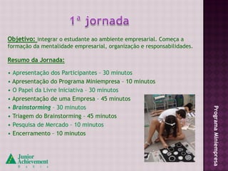 Objetivo: integrar o estudante ao ambiente empresarial. Começa a
formação da mentalidade empresarial, organização e responsabilidades.

Resumo da Jornada:

• Apresentação dos Participantes – 30 minutos
• Apresentação do Programa Miniempresa – 10 minutos
• O Papel da Livre Iniciativa – 30 minutos
• Apresentação de uma Empresa – 45 minutos
• Brainstorming – 30 minutos




                                                                        Programa Miniempresa
• Triagem do Brainstorming – 45 minutos
• Pesquisa de Mercado – 10 minutos
• Encerramento – 10 minutos
 