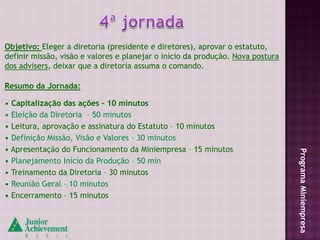 Objetivo: Eleger a diretoria (presidente e diretores), aprovar o estatuto,
definir missão, visão e valores e planejar o início da produção. Nova postura
dos advisers, deixar que a diretoria assuma o comando.

Resumo da Jornada:

• Capitalização das ações – 10 minutos
• Eleição da Diretoria – 50 minutos
• Leitura, aprovação e assinatura do Estatuto – 10 minutos
• Definição Missão, Visão e Valores – 30 minutos
• Apresentação do Funcionamento da Miniempresa – 15 minutos




                                                                                Programa Miniempresa
• Planejamento Início da Produção – 50 min
• Treinamento da Diretoria – 30 minutos
• Reunião Geral – 10 minutos
• Encerramento – 15 minutos
 