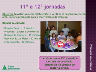 Objetivo: Reavaliar as metas estabelecidas e verificar as pendências em cada
área, iniciar a preparação para o encerramento da empresa.

Resumo da Jornada:

• Reunião Geral – 15 minutos
• Produção – 2 horas e 30 minutos
• Reunião de Diretoria – 15 minutos
• Reavaliação das Metas – 20 minutos
• Encerramento – 10 minutos




                                                                               Programa Miniempresa
                                   Lembrar que a 13ª jornada é
                                      a última de produção,
                                     prudência na compra de
                                          matéria-prima.
 