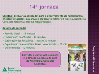Objetivo: Efetuar as atividades para o encerramento da miniempresa,
encerrar relatórios das áreas e preparar o Relatório Final e a Assembléia
Geral dos Acionistas. Não há mais produção.

Resumo da Jornada:

• Reunião Geral – 15 minutos
• Fechamento das Vendas – 35 minutos
• Elaboração dos Relatórios – 1hora e 30 minutos
• Organização da Assembléia Geral dos Acionistas – 60 min




                                                                            Programa Miniempresa
• Encerramento – 10 minutos

                 Convidar a Junior Achievement
                  e a direção da escola da data
                     da Assembléia Geral dos
                           Acionistas.
 