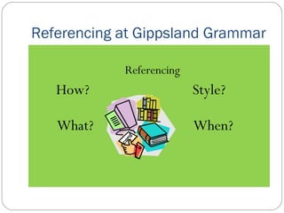 Referencing at Gippsland Grammar ,[object Object],[object Object],[object Object]