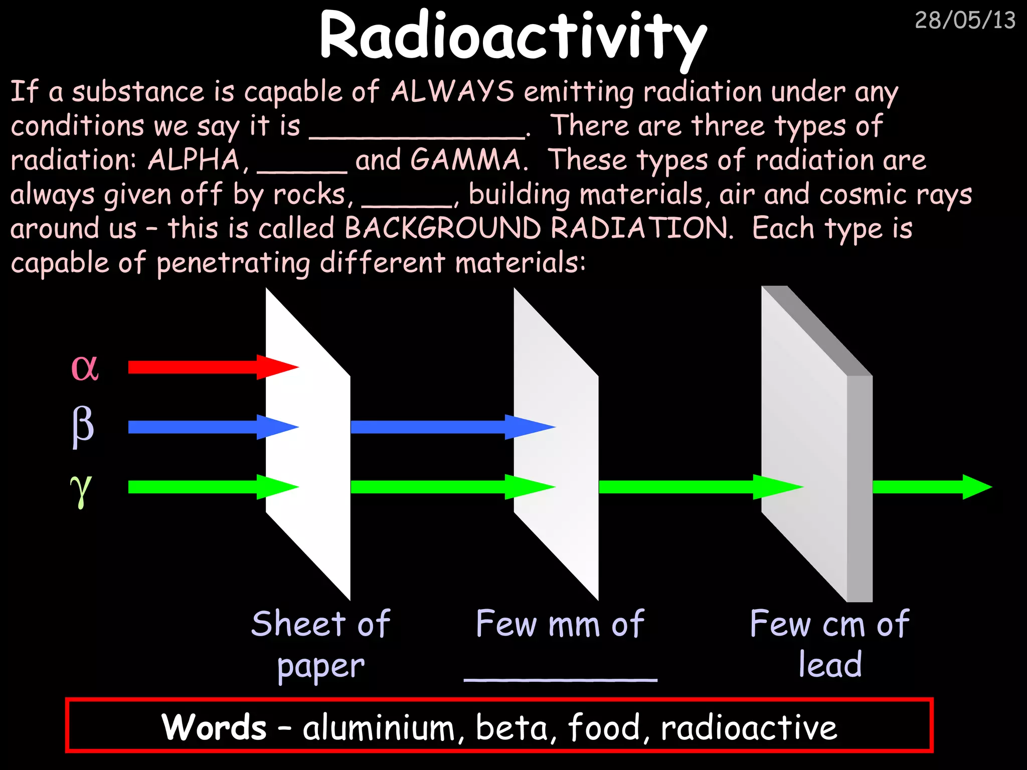 28/05/13
RadioactivityRadioactivity
If a substance is capable of ALWAYS emitting radiation under any
conditions we say it is ____________. There are three types of
radiation: ALPHA, _____ and GAMMA. These types of radiation are
always given off by rocks, _____, building materials, air and cosmic rays
around us – this is called BACKGROUND RADIATION. Each type is
capable of penetrating different materials:
α
β
γ
Sheet of
paper
Few mm of
_________
Few cm of
lead
Words – aluminium, beta, food, radioactive
 
