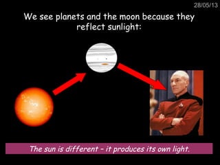 28/05/13
We see planets and the moon because they
reflect sunlight:
The sun is different – it produces its own light.
 
