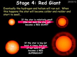 28/05/13
Eventually the hydrogen and helium will run out. When
this happens the star will become colder and redder and
start to swell…
If the star is relatively small
(like our sun) the star will
become a RED GIANT
If the star is big (at
least 4 times the size
of our sun) it will
become a RED
SUPERGIANT
Stage 4: Red GiantStage 4: Red Giant
 